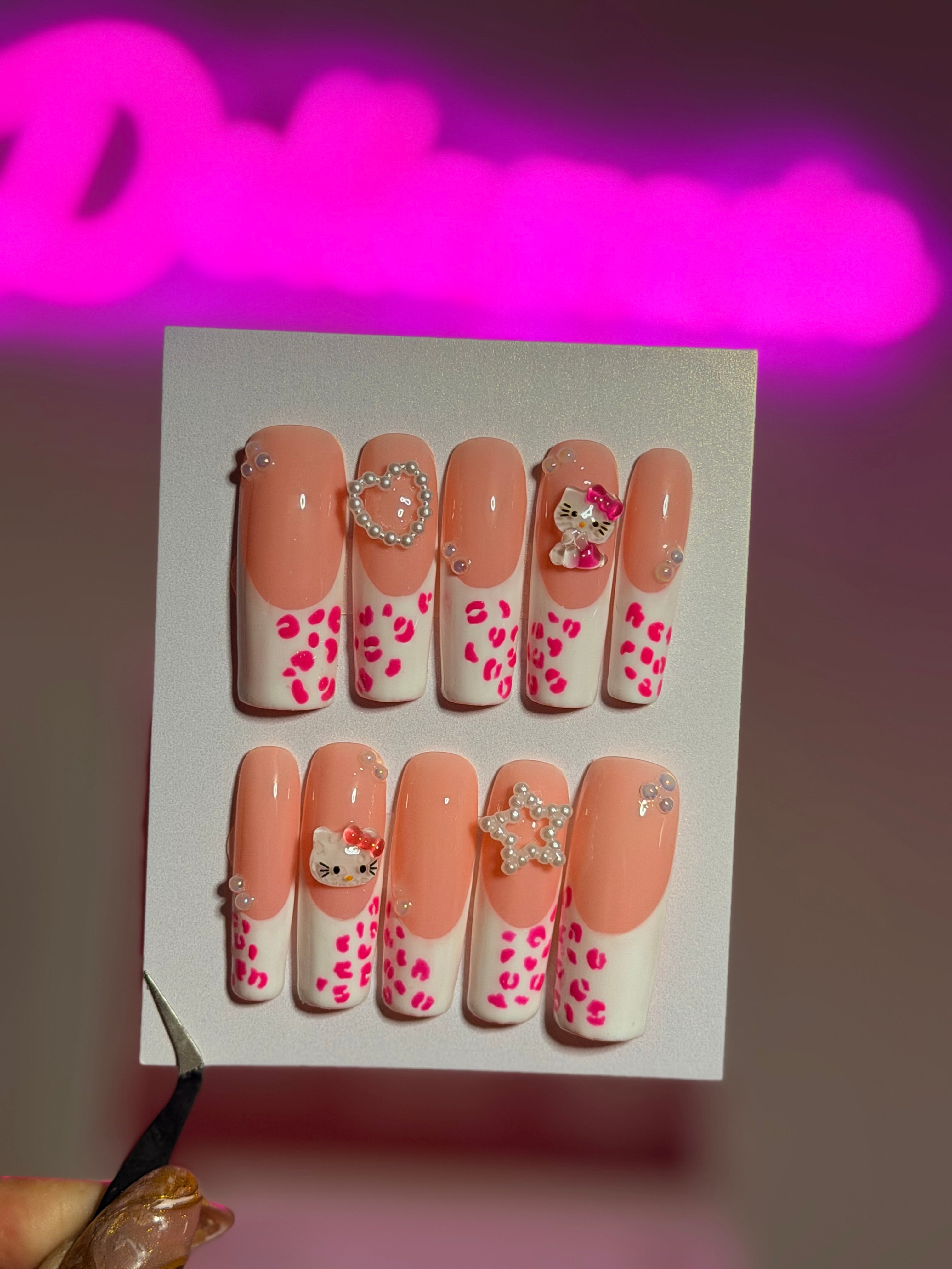 Pink Leopard Hello Kitty Nails