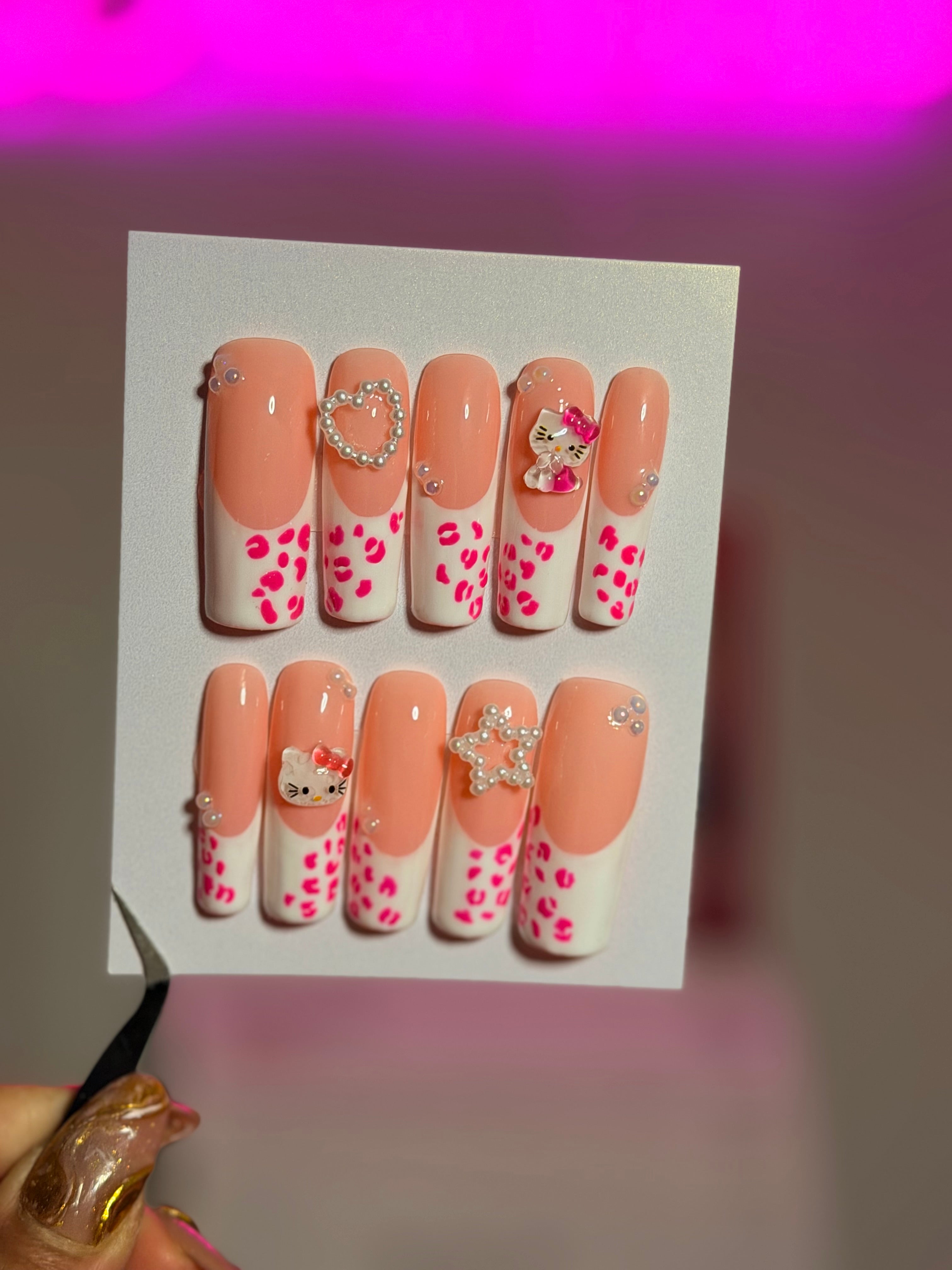 Pink Leopard Hello Kitty Nails